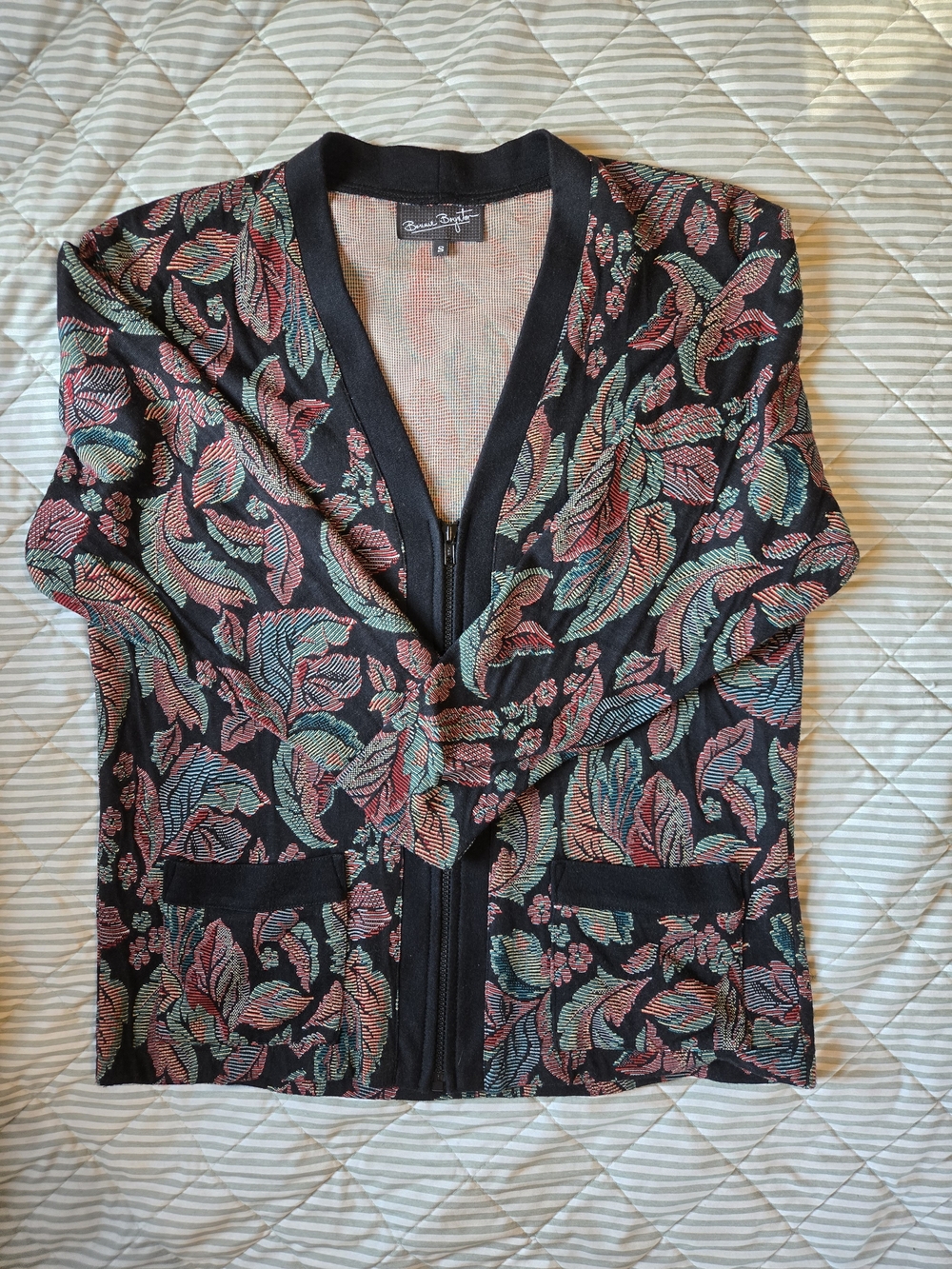 Floral Zip-Front Cardigan Sweater in Black with Pink & Teal Leaves